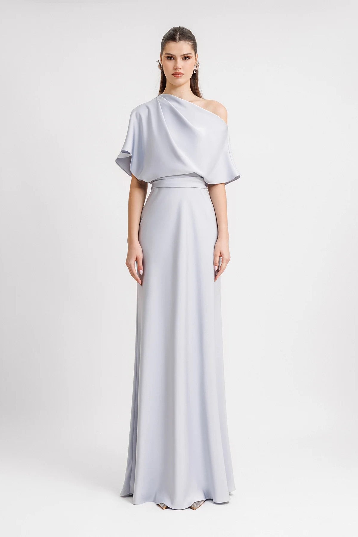 Asymmetrical Draped Neckline Gown