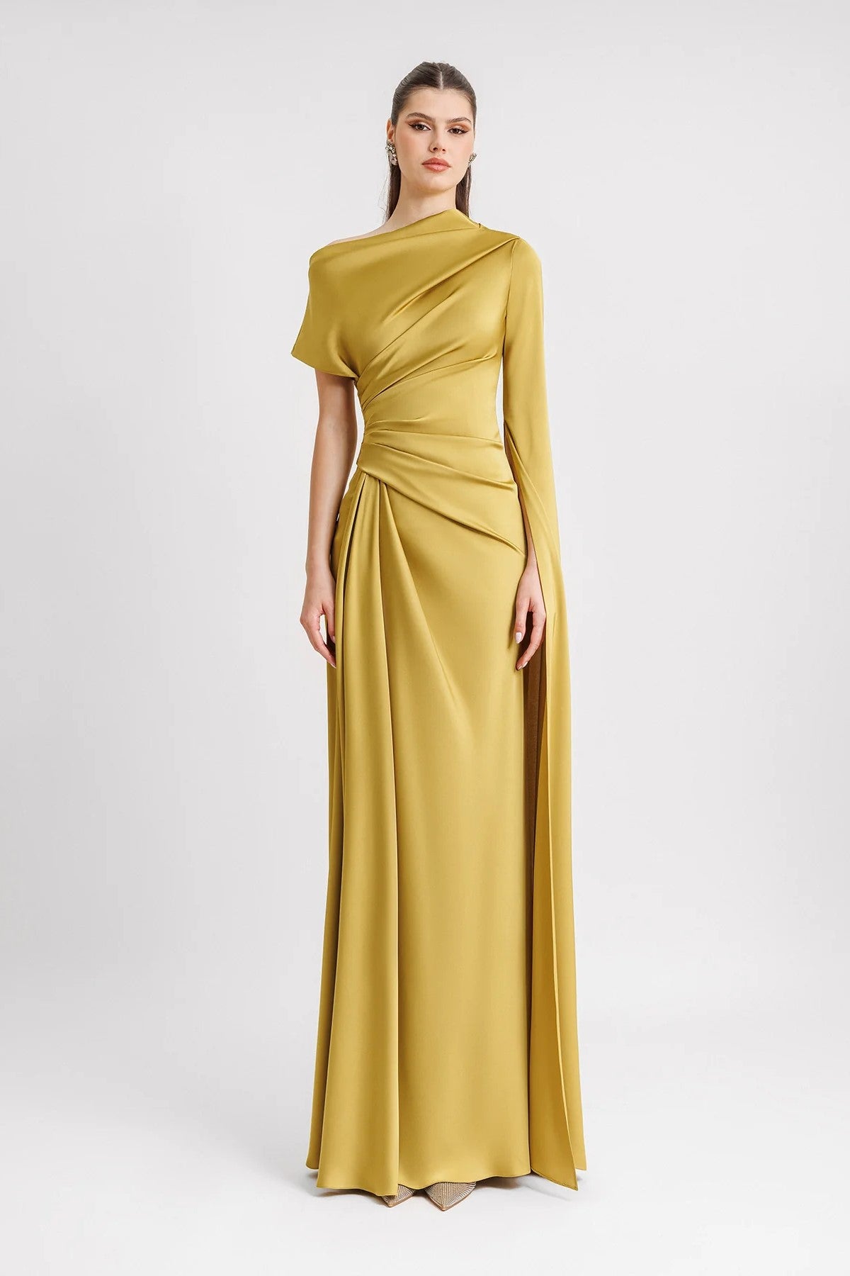 Asymmetrical Neckline Draped Gown