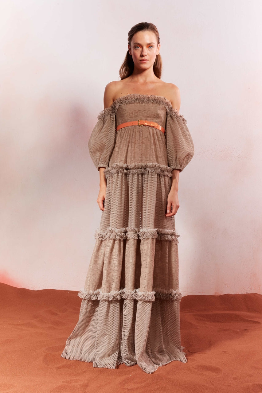 Mixed Lace Off The Shoulder Ruffled Gown
