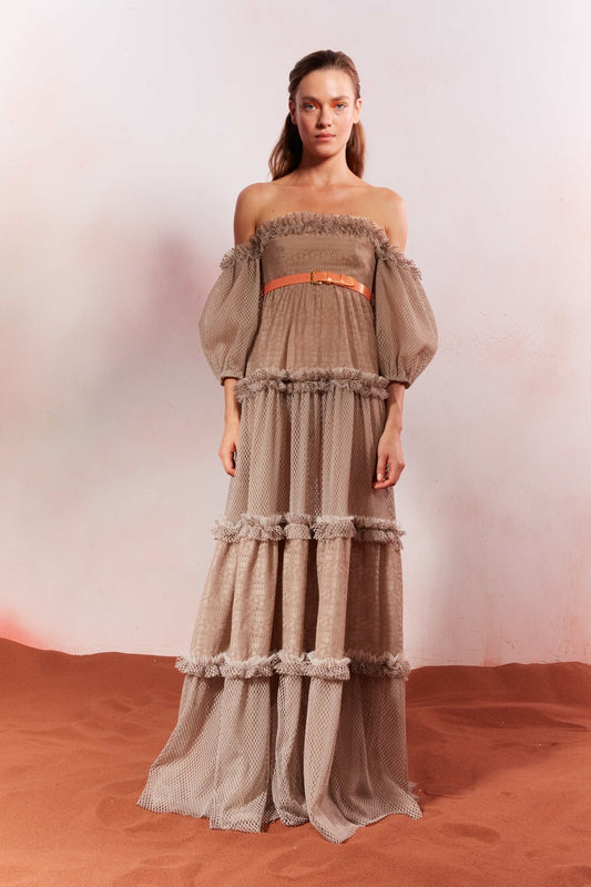 Mixed Lace Off The Shoulder Ruffled Gown