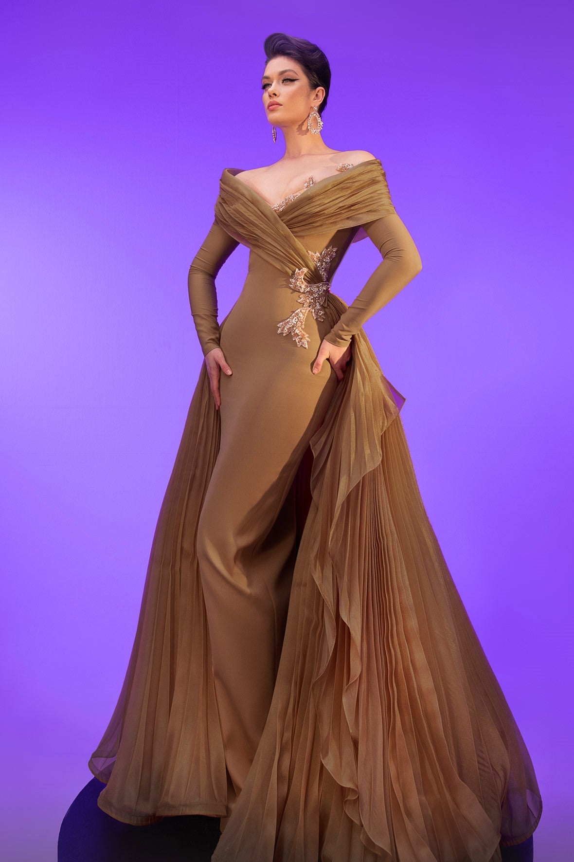 Off Shoulder Gown with Cascading Ruffles