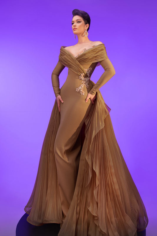 Off Shoulder Gown with Cascading Ruffles