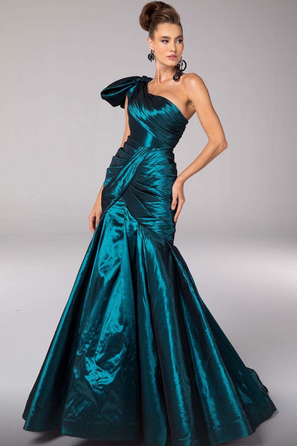 One Shoulder Pleated Trumpet Gown
