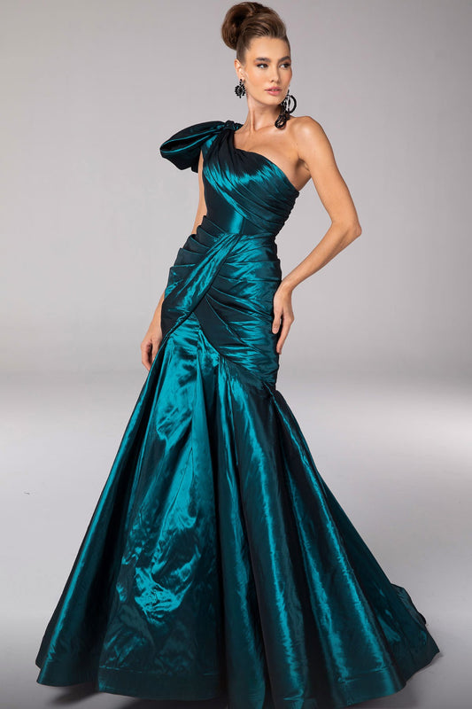 One Shoulder Pleated Trumpet Gown