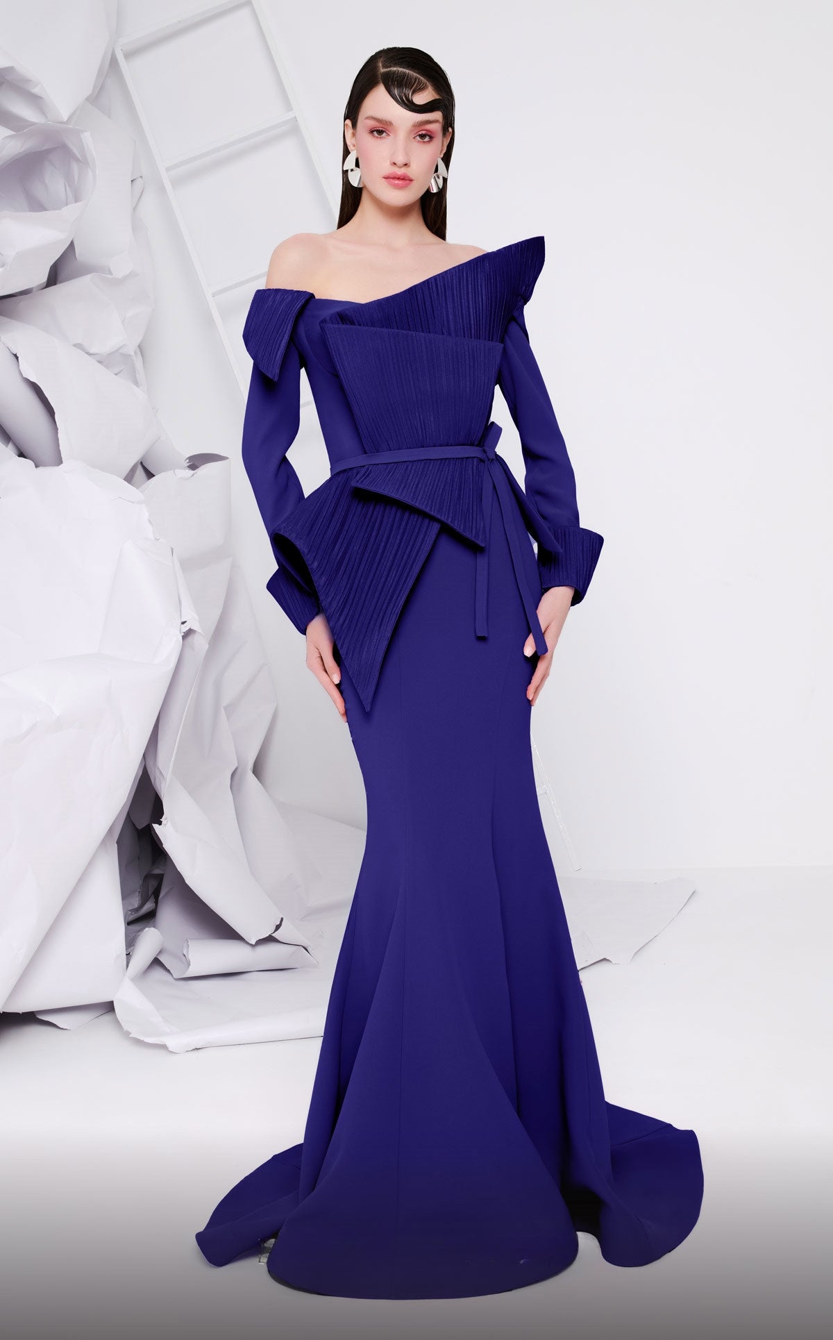 Off-Shoulder Long Sleeved Gown with Sculpted Bodice