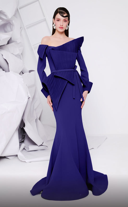 Off-Shoulder Long Sleeved Gown with Sculpted Bodice