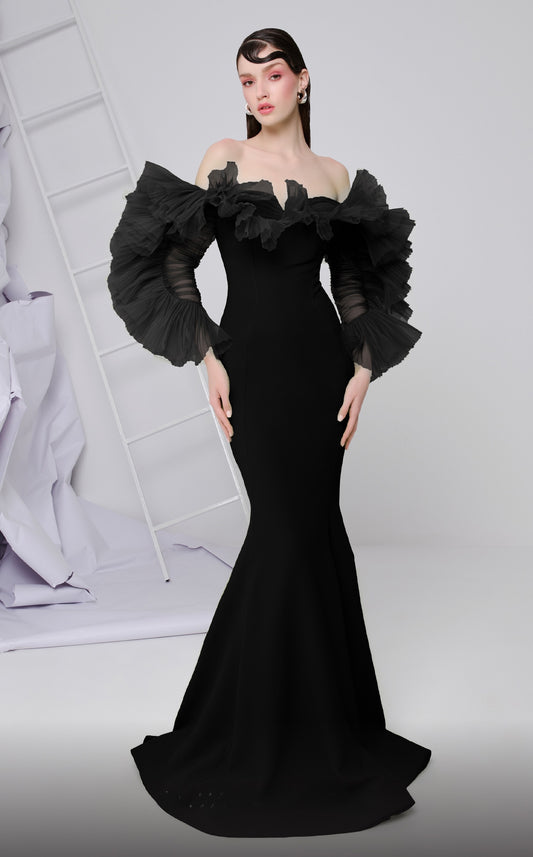 Ruffled Long Sleeve Off Shoulder Gown