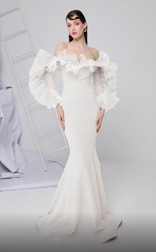 Ruffled Off Shoulder Long Sleeve Gown