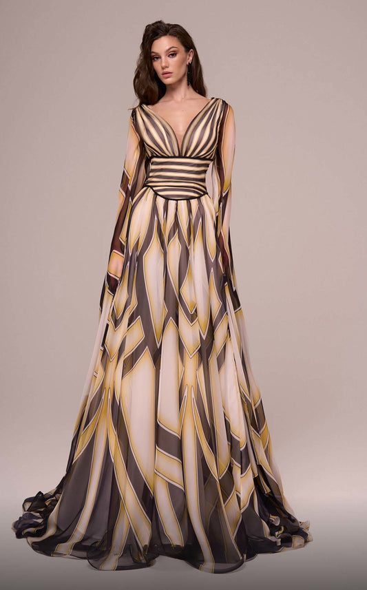 Printed Long Cape Sleeve Gown