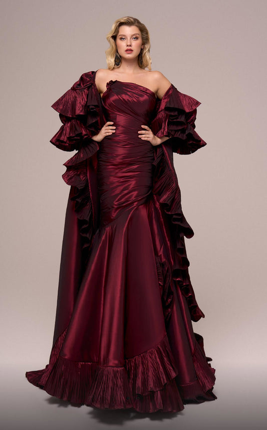Strapless Flared Gown with Long Cape