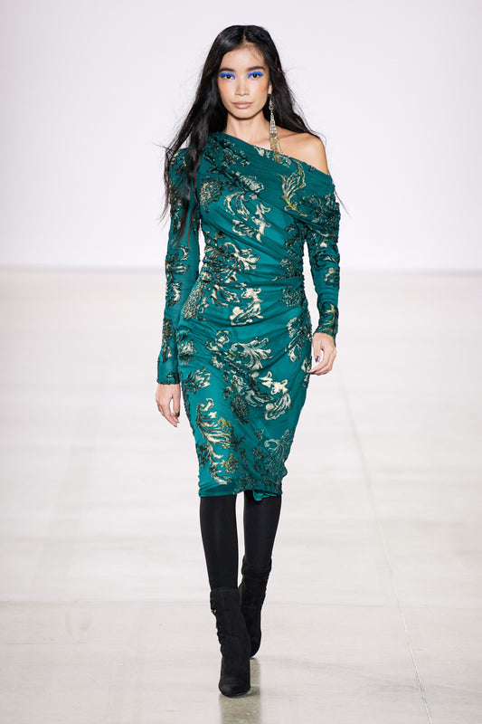 Long Sleeve Draped Shoulder Dress