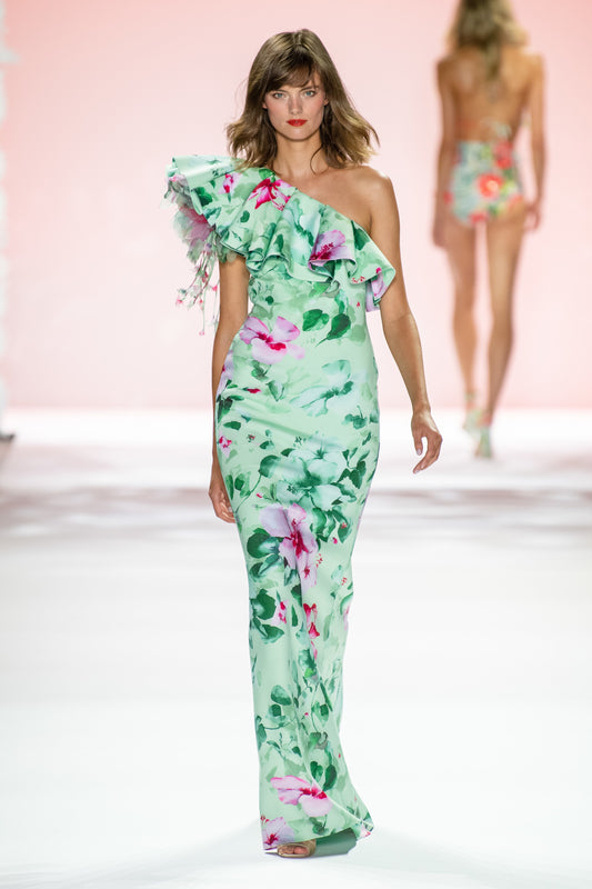 Asymmetric Ruffle Scuba Gown