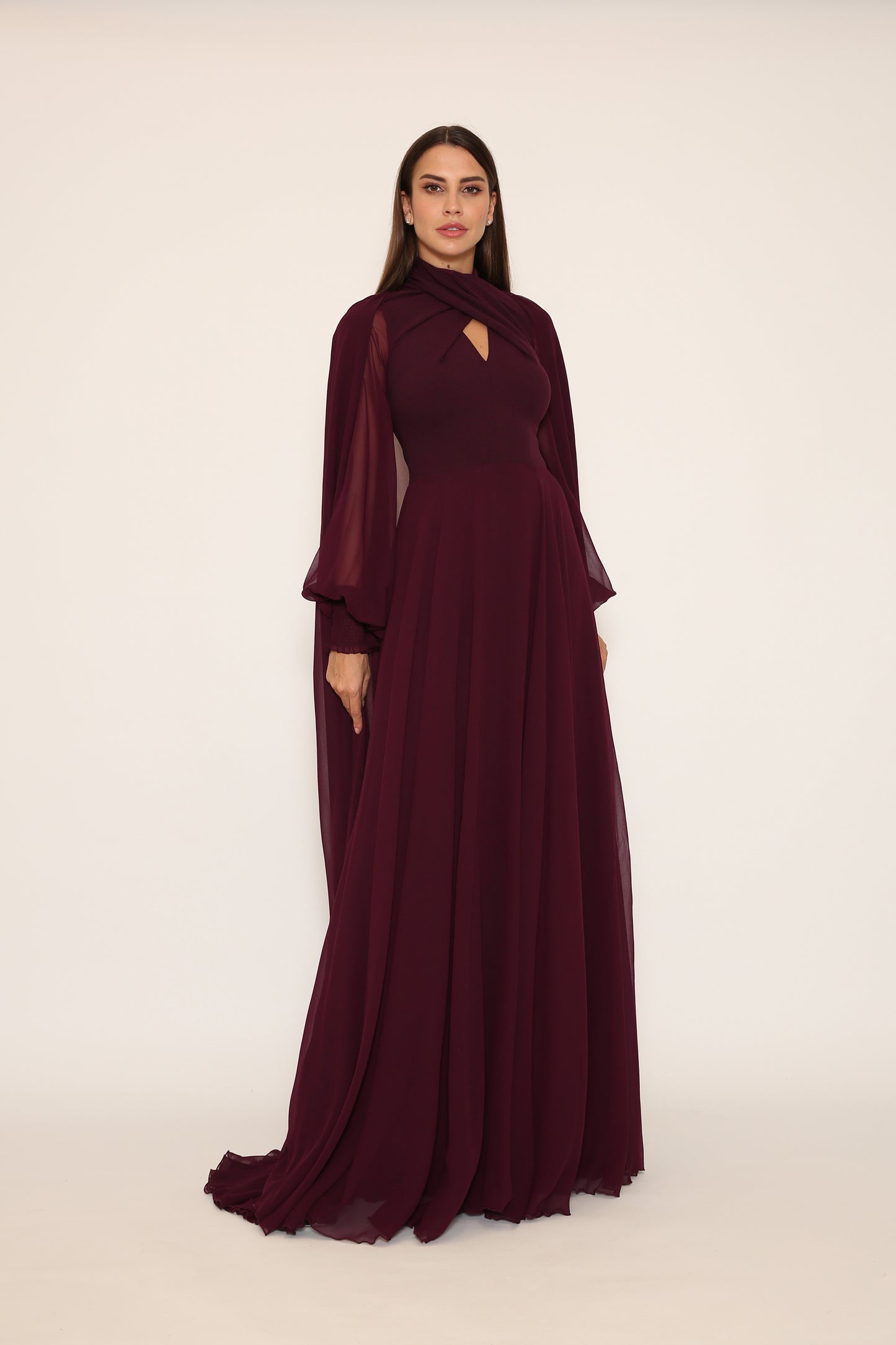 Long Sleeve Chiffon Cape  Gown
