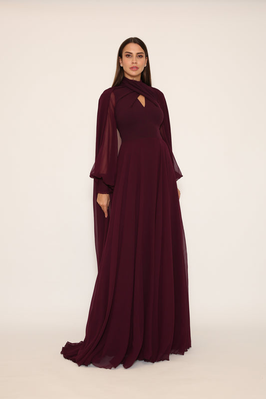 Long Sleeve Chiffon Cape  Gown
