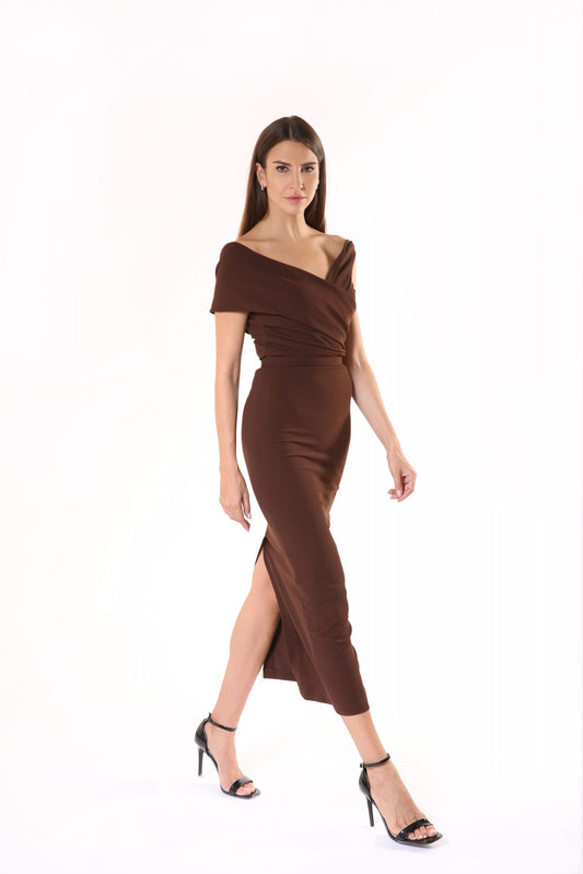 Brown Crepe Midi Dress