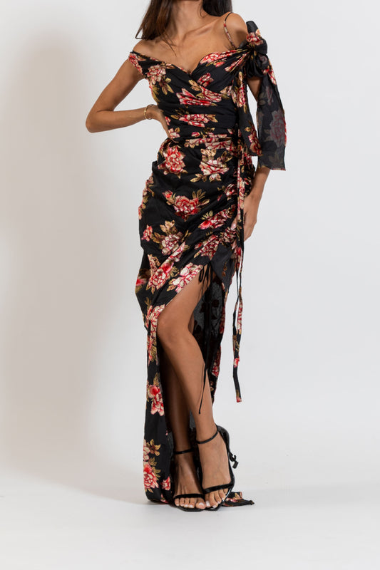 Velvet Off Shoulder Floral  Gown