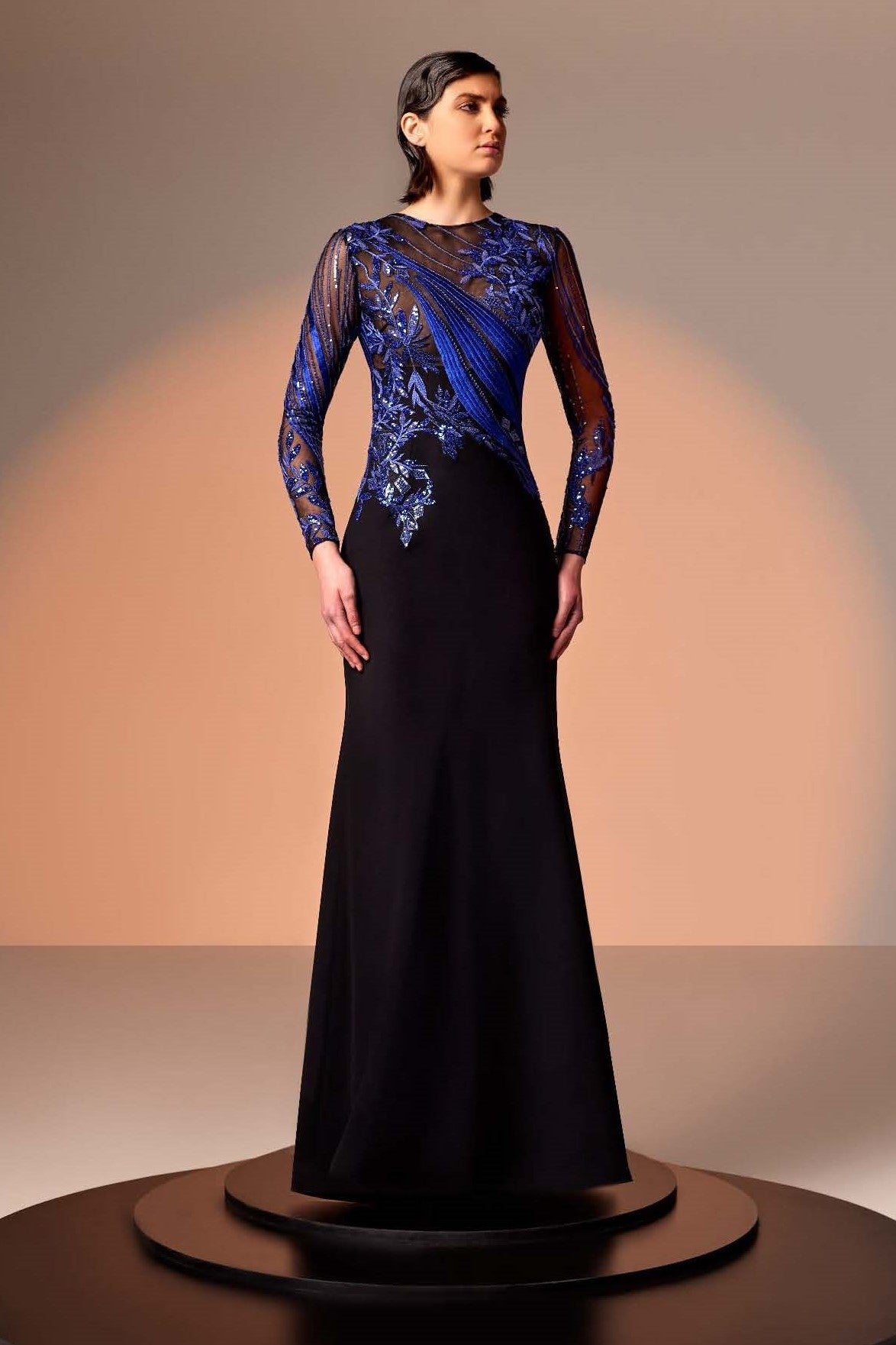 Long Sleeve Crepe Gown with Blue Lace