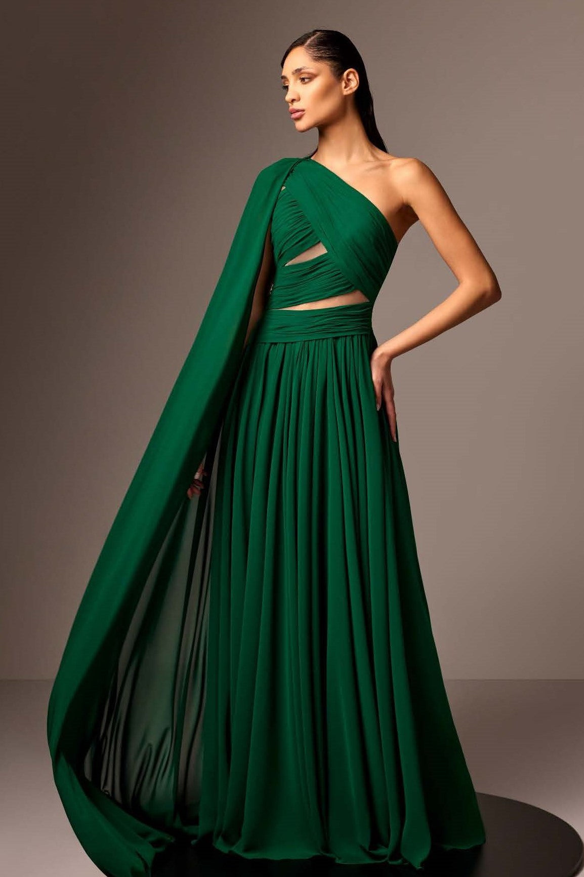 One Shoulder Cape Sleeve Crepe Georgette Gown