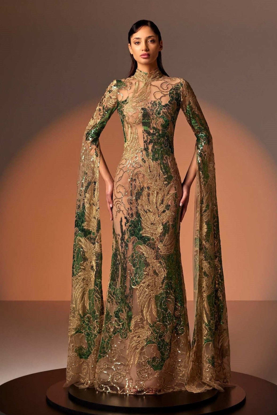 Gold and Green Lace Gown