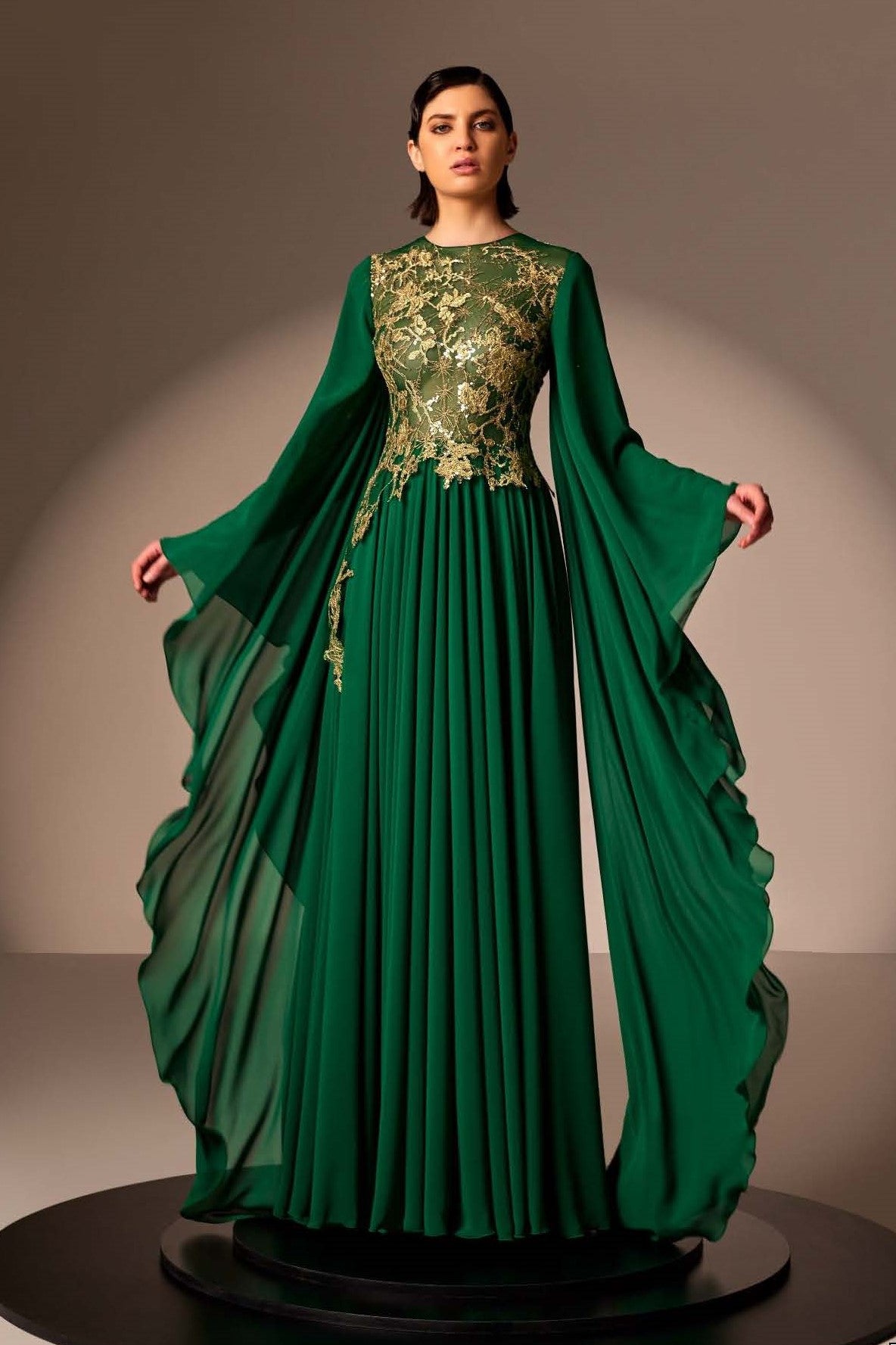 Pleated Crepe Georgette Gown with Gold Lace