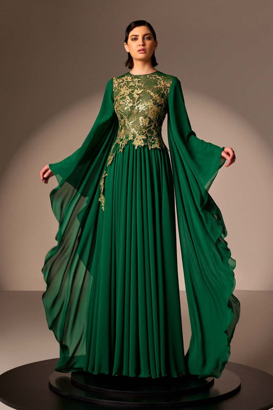 Pleated Crepe Georgette Gown with Gold Lace