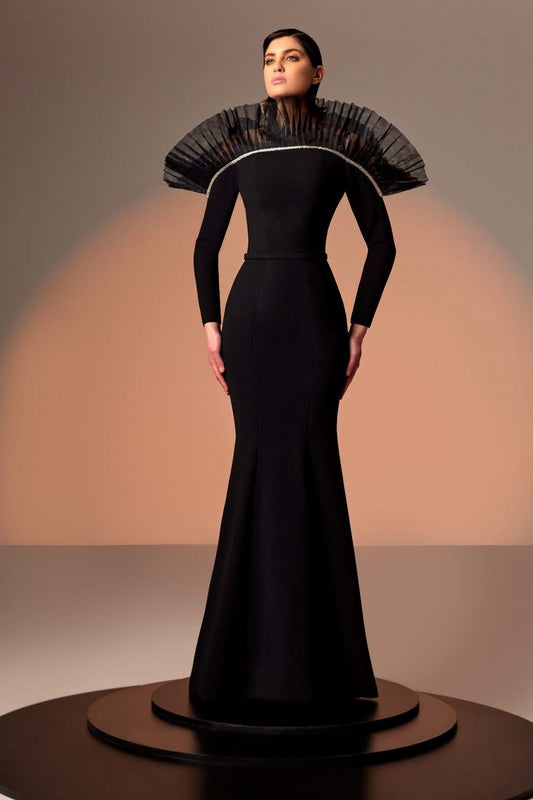 Crepe and Tulle Embroidered Gown