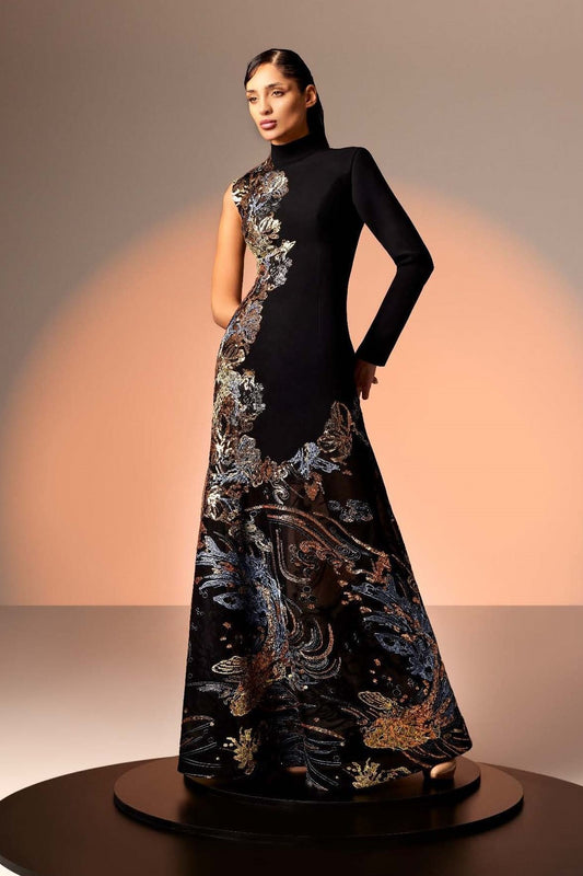 Asymmetrical Crepe and Lace Gown