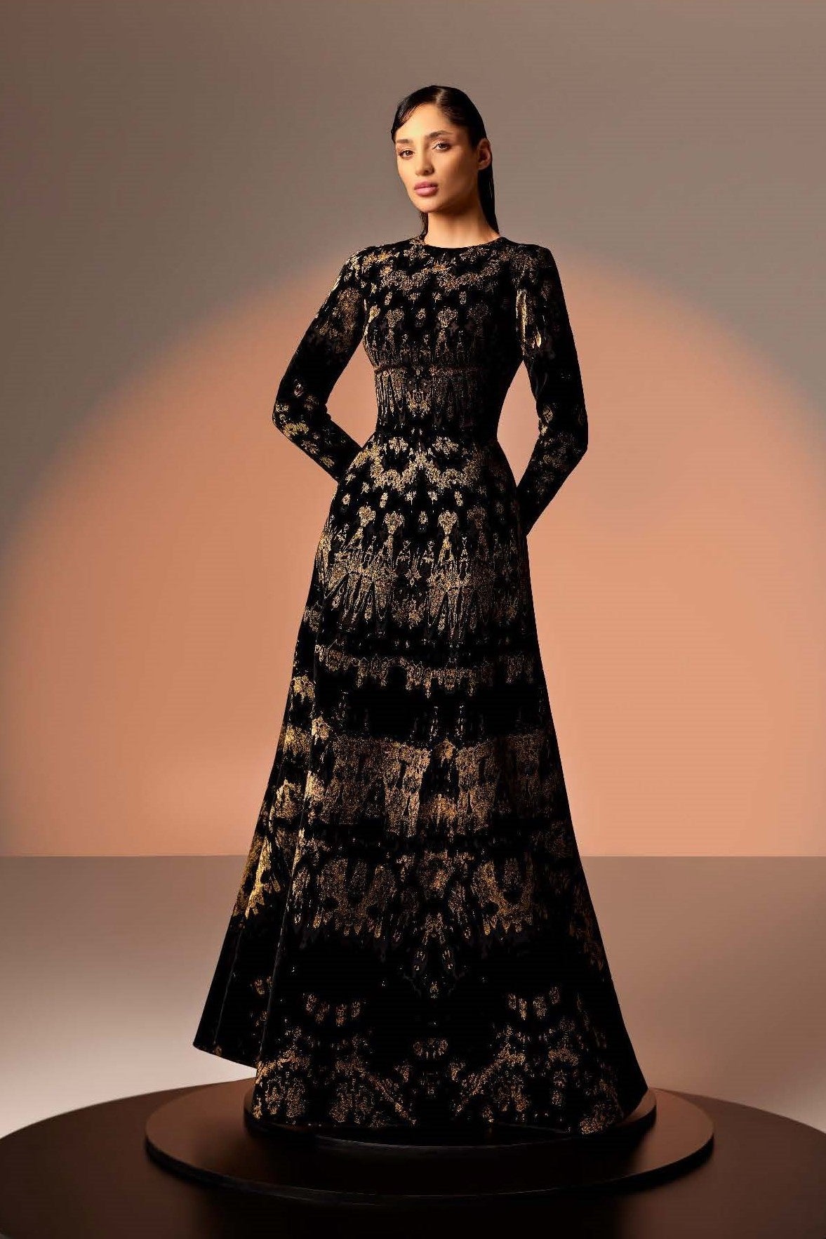 Long Sleeve Black and Gold Velvet Gown