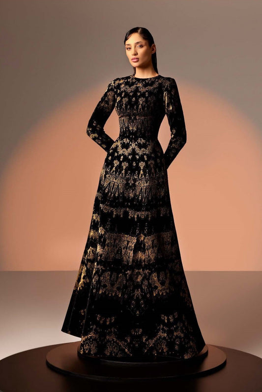 Long Sleeve Black and Gold Velvet Gown