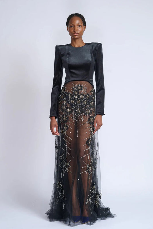 Embroidered Tulle Tailcoat Gown