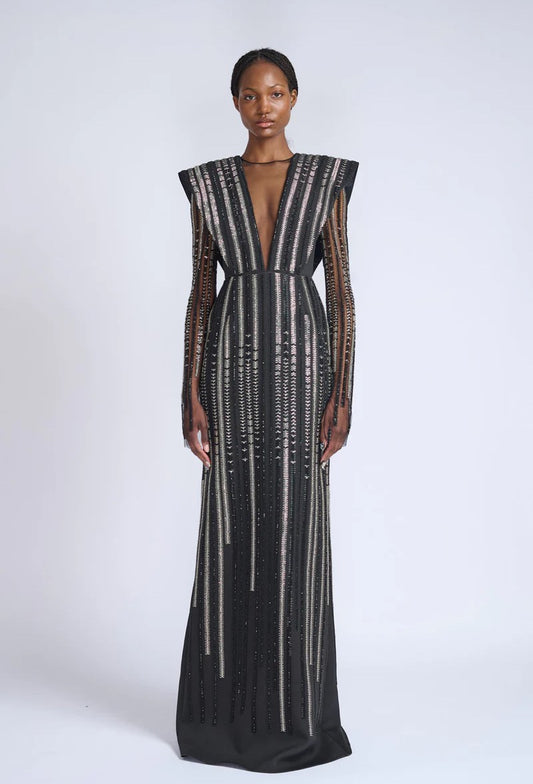 Rayure Embroidered Onyx Cady Alpha Gown