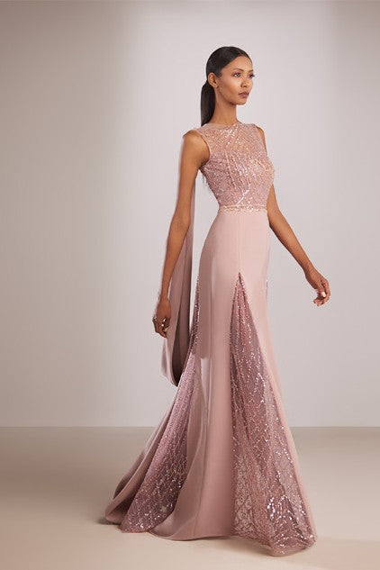 Flowing Cape Beaded Gown