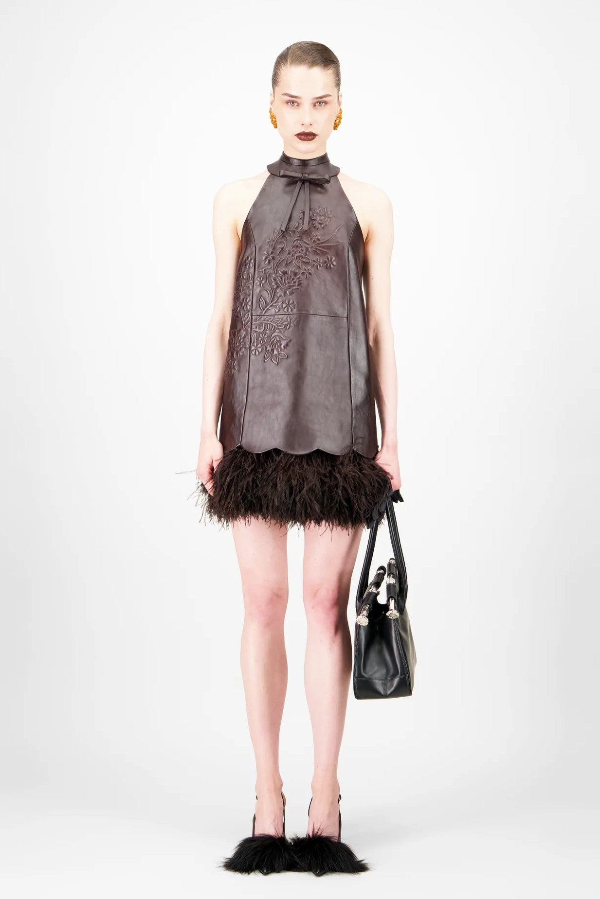 Leather Feather Mini Dress