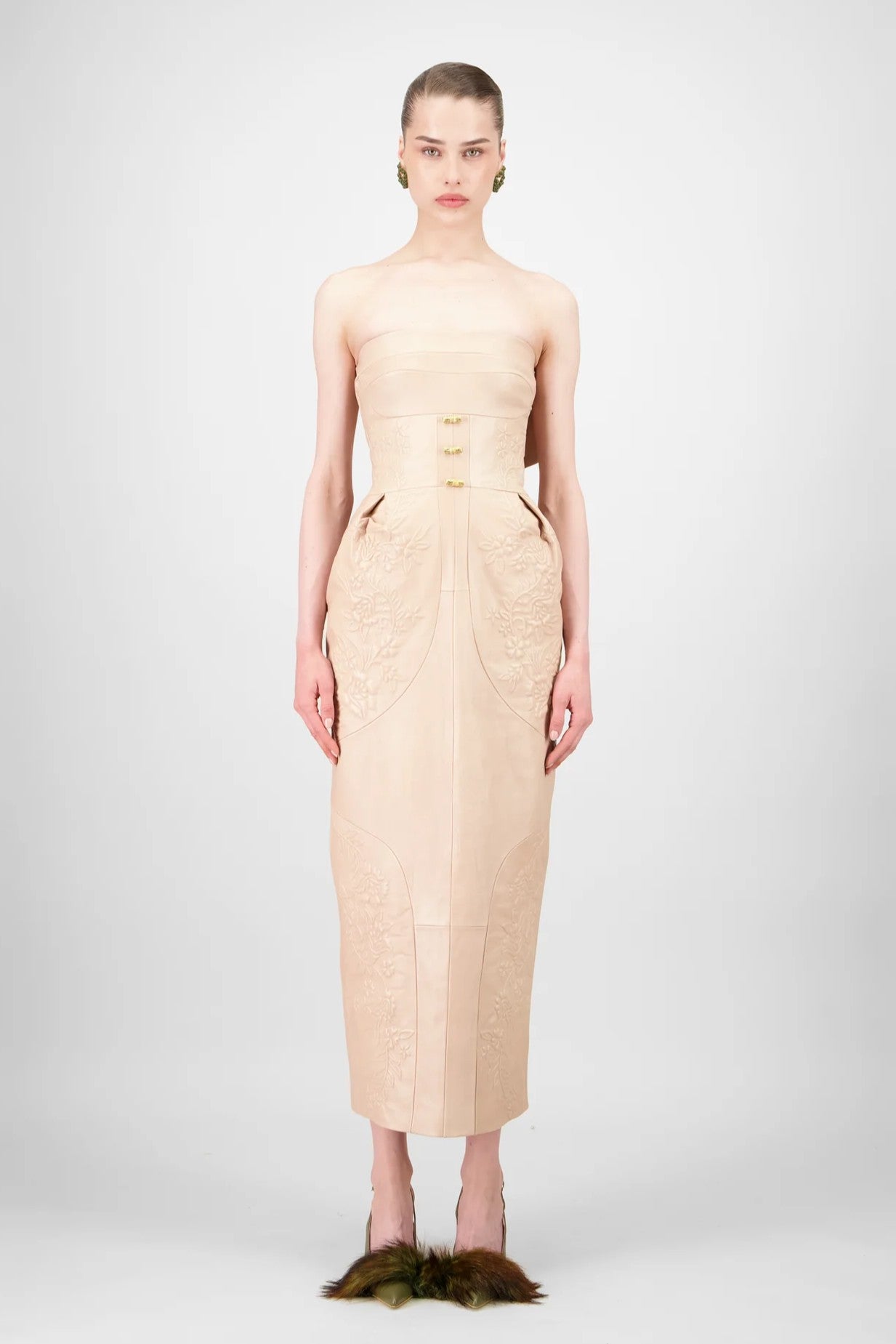 Strapless Leather Midi Dress