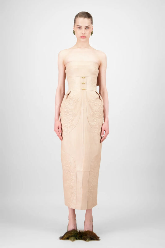 Strapless Leather Midi Dress
