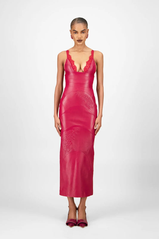 Lace-Trim Leather Midi Dress