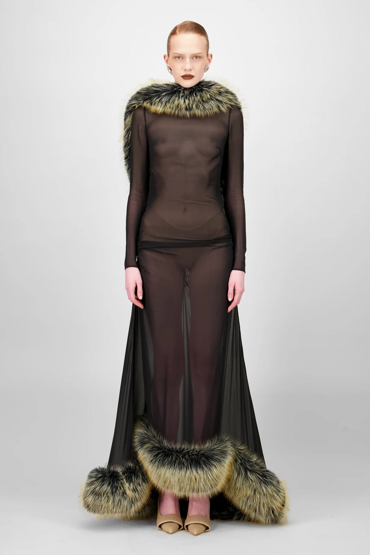 Long Sleeve Fur Midi Dress