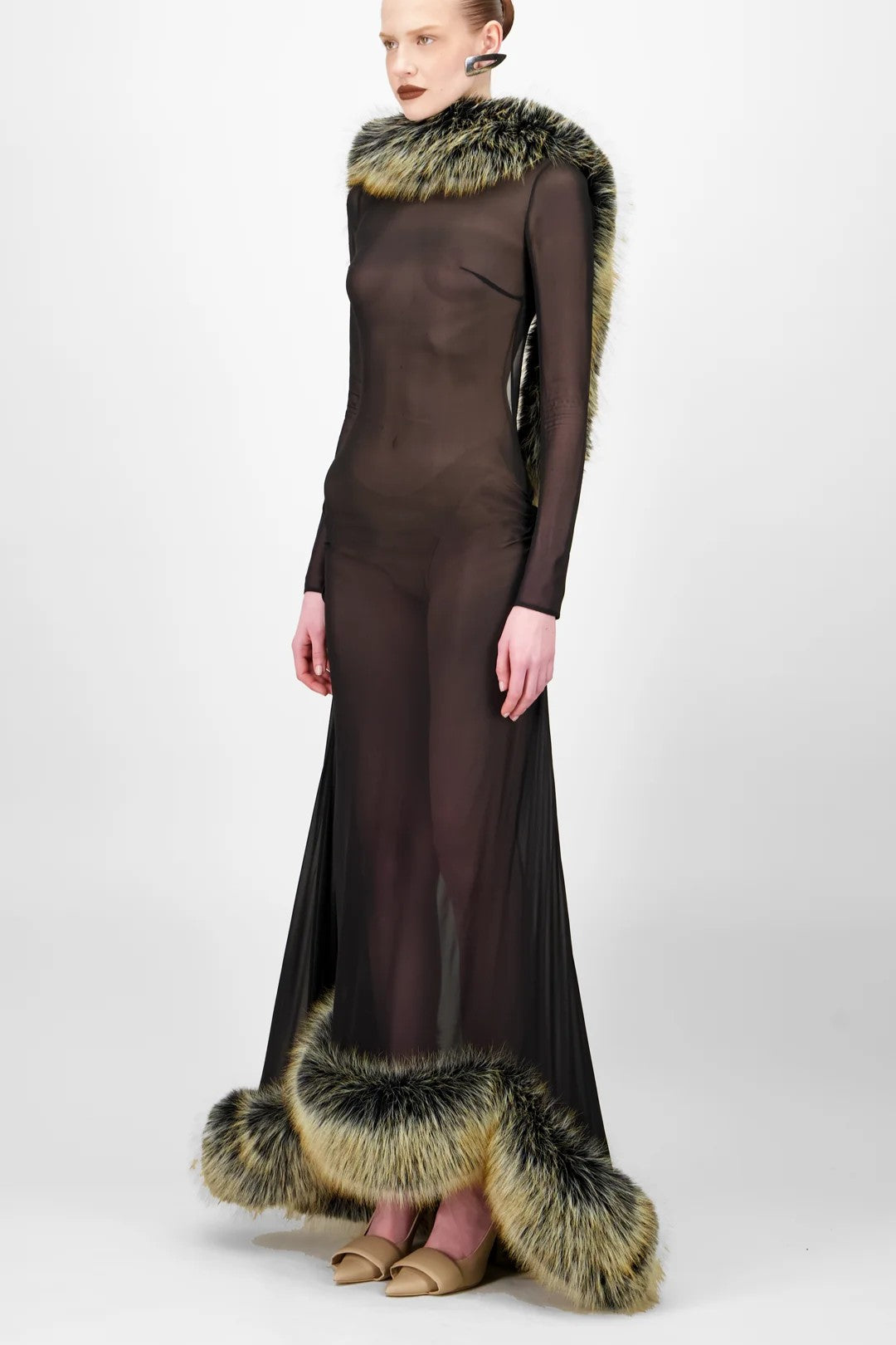 Long Sleeve Fur Midi Dress