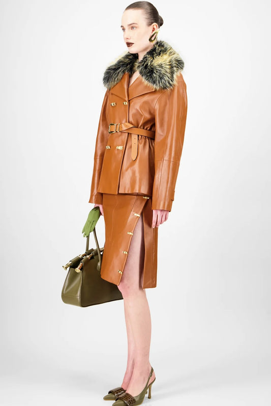 Leather Belted Jacket & Skirt