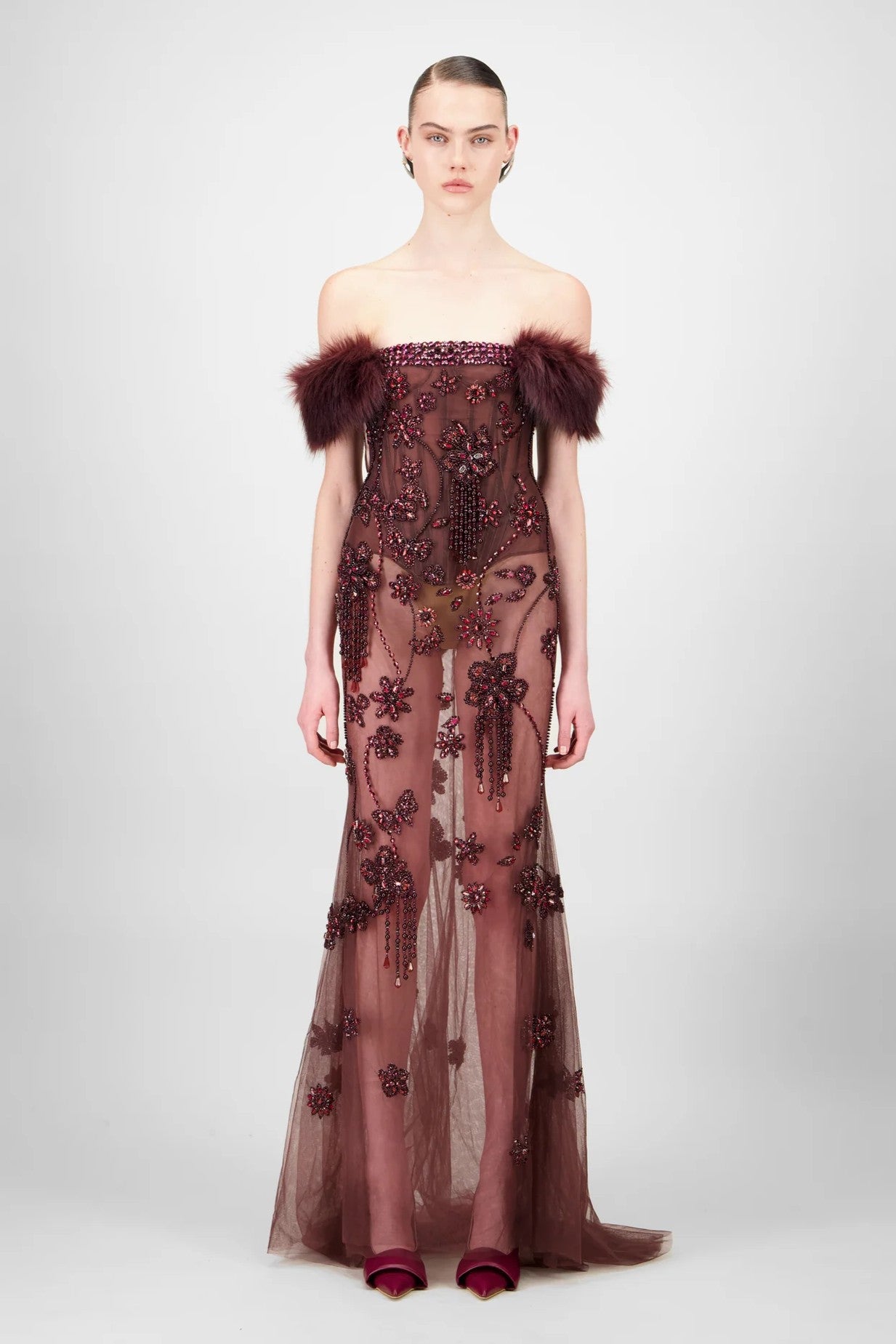 Off-Shoulder Beaded Long Dress