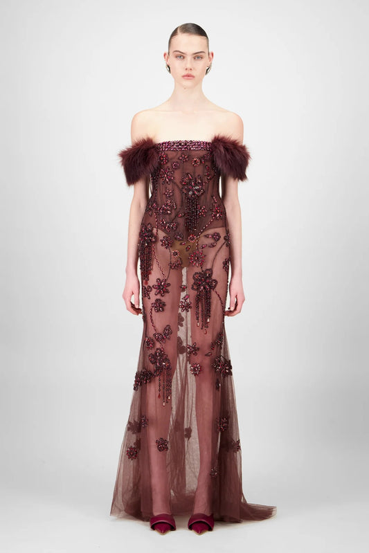 Off-Shoulder Beaded Long Dress