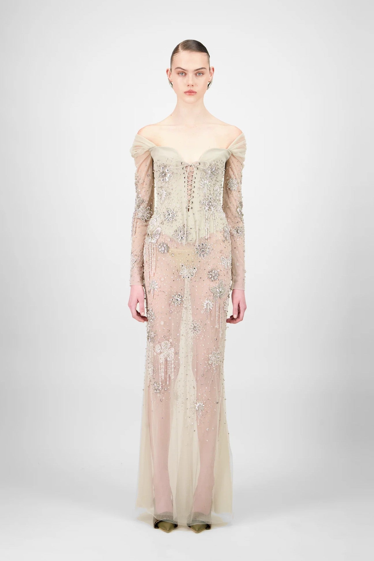 Off-Shoulder Beaded Long Dress