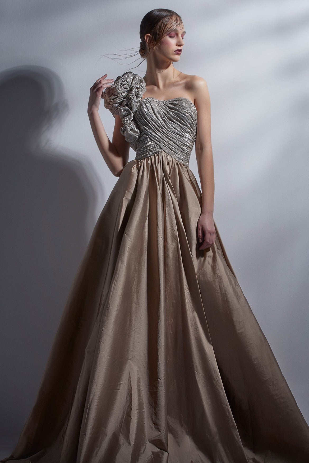 Ruched One Shoulder A-Line Gown