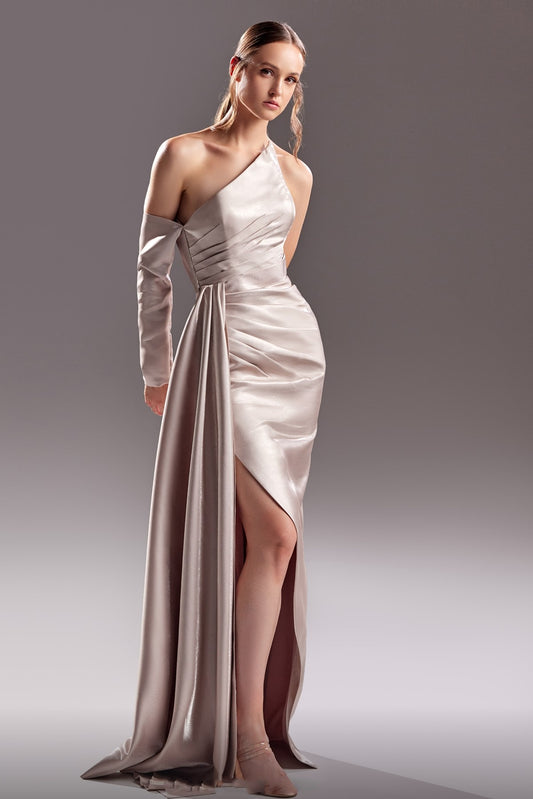 One Sleeve Draped Slit Gown