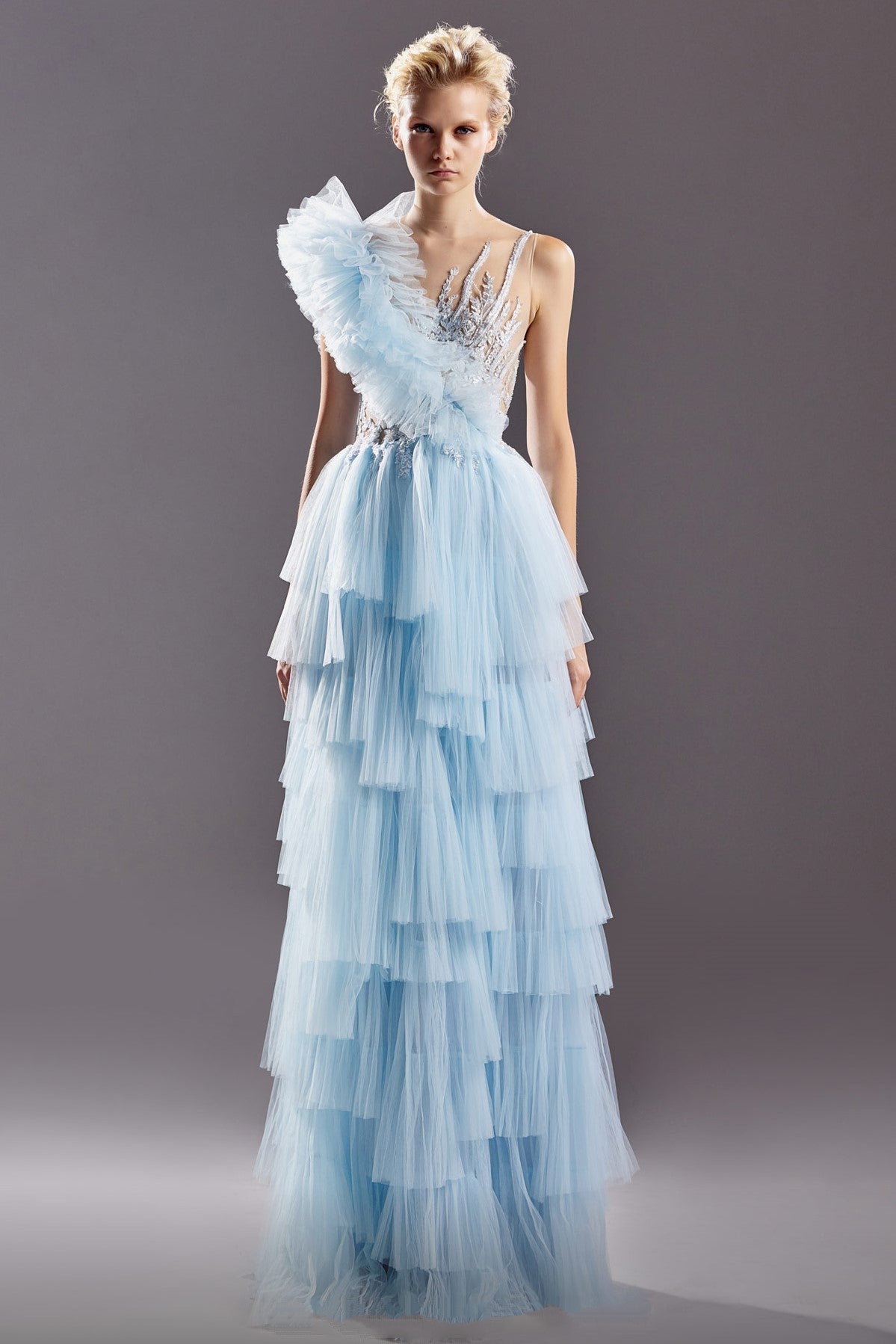 Floral Lace and Layered Tulle Gown