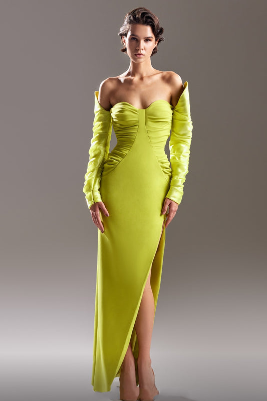 Draped Crepe Gown with Organdie Sleeves