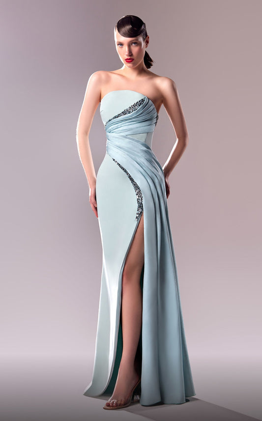 Strapless Pleated-Beaded Gown