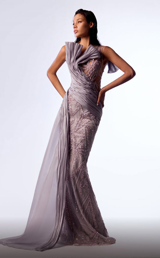 Sleeveless Sculpted Illusion Gown