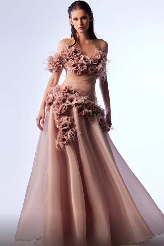 Off Shoulder Floral Embroidered Gown