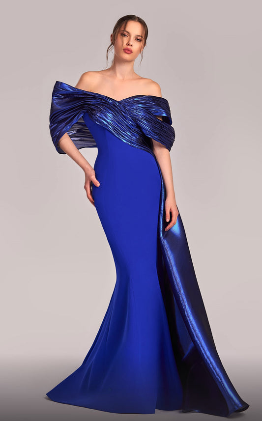 Draped Metallic Off Shoulder Gown